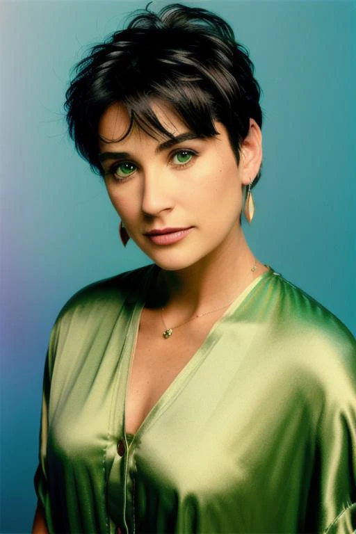 <lora:d3m1m00r3:0.9>, a Realistic Full Body Portrait of a d3m1m00r3 woman with brown eyes and Short Dark Hair stylelong hair,looking at viewer, short hair, blonde hair, simple background, brown eyes, jewelry, green eyes, earrings, lips, portrait, realistic, nose, soft lighting, professional Photography, Photorealistic, detailed eyes, standing in a dark Studio Room background, blurred background, RAW, analog, sharp focus, 8k, HD, DSLR, high quality, Fujifilm XT3, film grain, award winning, masterpiece