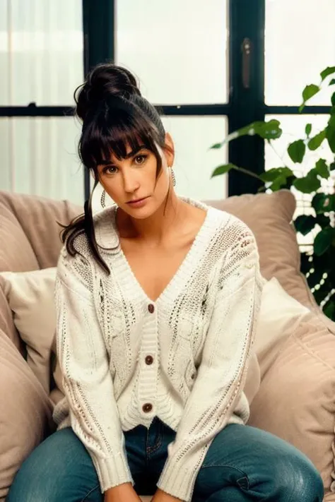 <lora:d3m1m00r3:0.9>, a Realistic full body Portrait of a d3m1m00r3 woman with brown eyes and dark Hair style, looking at viewer, jewelry, sitting, earrings, indoors, blurry, sweater, lips, sleeves past wrists, window, chair, couch, head rest, realistic, white sweater, soft lighting, professional Photography, Photorealistic, detailed eyes, RAW, analog, sharp focus, 8k, HD, DSLR, high quality, Fujifilm XT3, film grain, award winning, masterpiece