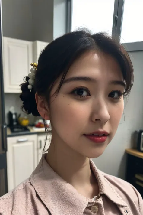 portrait of shioritamai, suspicious , wearing tailored , with Updo , background kitchen epic (photo, studio lighting, hard light, sony a7, 50 mm, matte skin, pores, colors, hyperdetailed, hyperrealistic), <lora:shioritamai-15:0.9>, close up