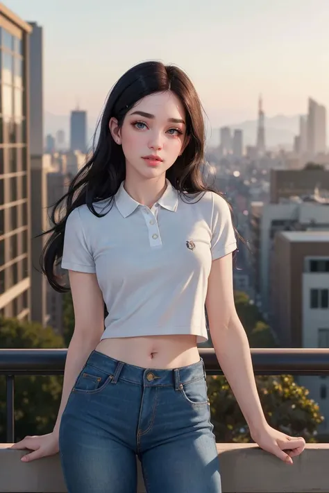 photo of S370_EvelynClaire,a stunning woman,on a (balcony:1.1),wearing a (polo-shirt:1.1),(jeans),(cityscape),(4k, RAW photo, best quality, 35mm, depth of field, ultra high res:1.1),(intricate, photorealistic, cinematic-shot, masterpiece, ultra-detailed:1.1),