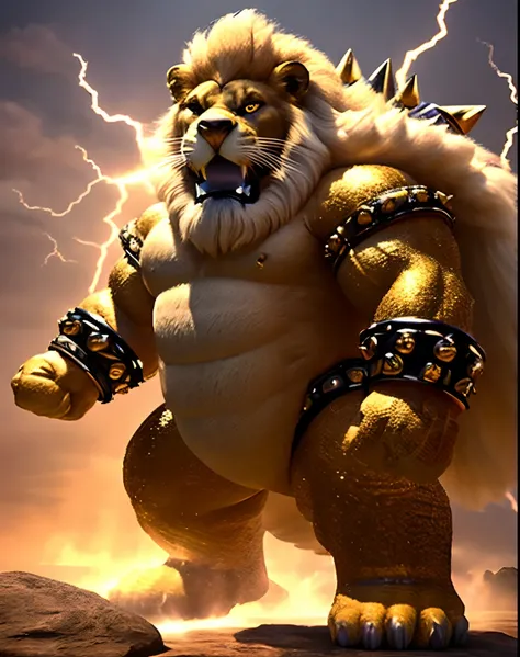 best quality,3d render,god of thunder,lion-like,regal and powerful,majestic lightning,sparkling eyes,muscular physique,intense expression,detailed textures,African mythology,heroic pose,golden jewelry,ornate crown,billowing cape,strong and confident presence,vibrant colors,rich and dynamic lighting,striking composition,perfectly captured moment,captivating artistic style