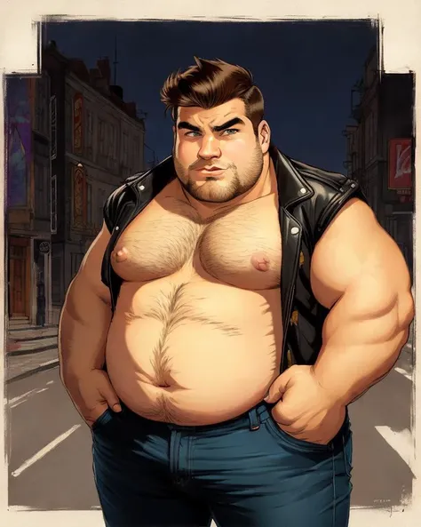 disney gaston, (big fat muscle:0.5), (very big breast:1.0), (big belly:1.0), (chubby face:1.0), man, 21 year old, wearing a leather jacket, (with t shirt:1.0), (very short hair:1.5), Retro comic style artwork