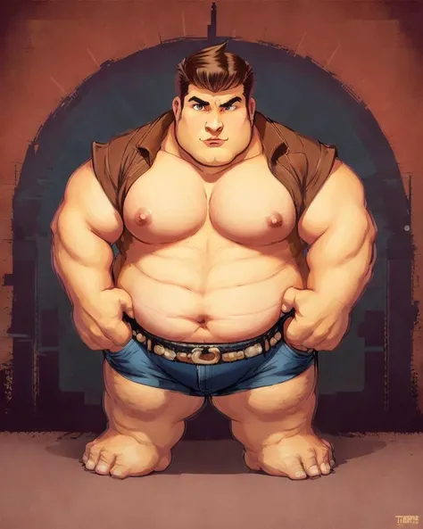 disney gaston, (big fat muscle:0.5), (very big breast:1.0), (big belly:1.0), (chubby face:1.0), man, 21 year old, wearing a leather jacket, (with t shirt:1.0), (very short hair:1.5), Retro comic style artwork