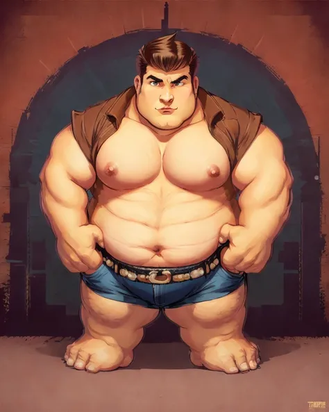 disney gaston, (big fat muscle:0.5), (very big breast:1.0), (big belly:1.0), (chubby face:1.0), man, 21 year old, wearing a leather jacket, (with t shirt:1.0), (very short hair:1.5), Retro comic style artwork