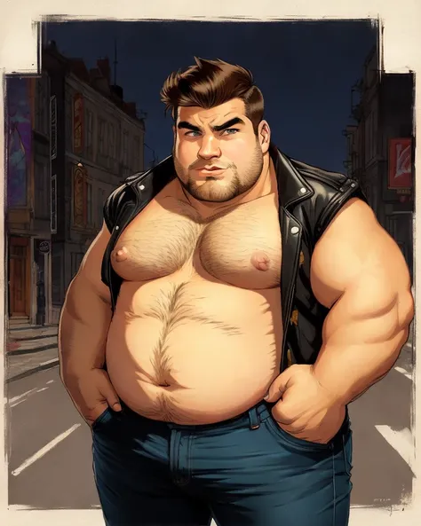 disney gaston, (big fat muscle:0.5), (very big breast:1.0), (big belly:1.0), (chubby face:1.0), man, 21 year old, wearing a leather jacket, (with t shirt:1.0), (very short hair:1.5), Retro comic style artwork