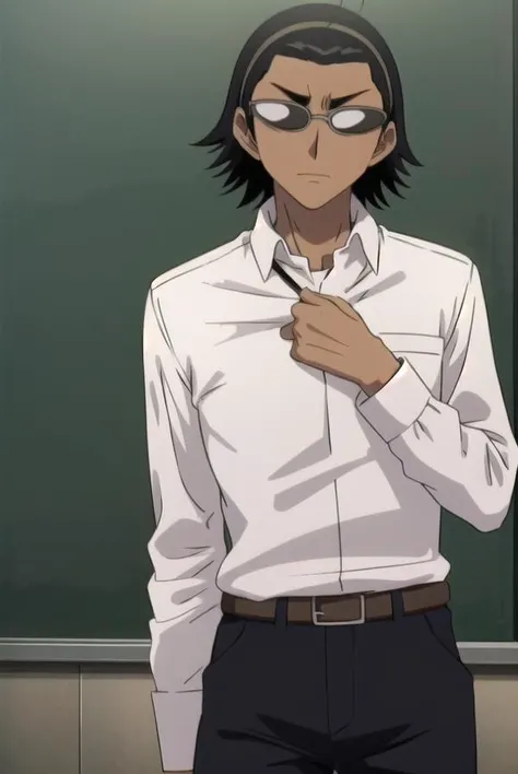 kenjiharima, <lora:kenji harima s2-lora-nochekaiser:1>,
kenji harima, black hair, male focus, glasses, dark skin, dark-skinned male hair band, ahoge,
BREAK school uniform, belt, shirt, white shirt, collared shirt, long sleeves, pants, black pants,
BREAK indoors, classroom,
BREAK looking at viewer, (cowboy shot:1.5),
BREAK <lyco:GoodHands-beta2:1>, (masterpiece:1.2), best quality, high resolution, unity 8k wallpaper, (illustration:0.8), (beautiful detailed eyes:1.6), extremely detailed face, perfect lighting, extremely detailed CG, (perfect hands, perfect anatomy),