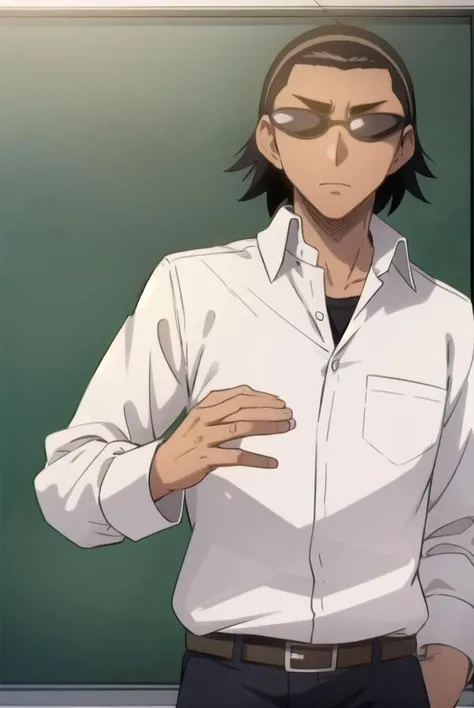 kenjiharima, <lora:kenji harima s2-lora-nochekaiser:1>,
kenji harima, black hair, male focus, glasses, dark skin, dark-skinned male hair band, ahoge,
BREAK school uniform, belt, shirt, white shirt, collared shirt, long sleeves, pants, black pants,
BREAK indoors, classroom,
BREAK looking at viewer, (cowboy shot:1.5),
BREAK <lyco:GoodHands-beta2:1>, (masterpiece:1.2), best quality, high resolution, unity 8k wallpaper, (illustration:0.8), (beautiful detailed eyes:1.6), extremely detailed face, perfect lighting, extremely detailed CG, (perfect hands, perfect anatomy),