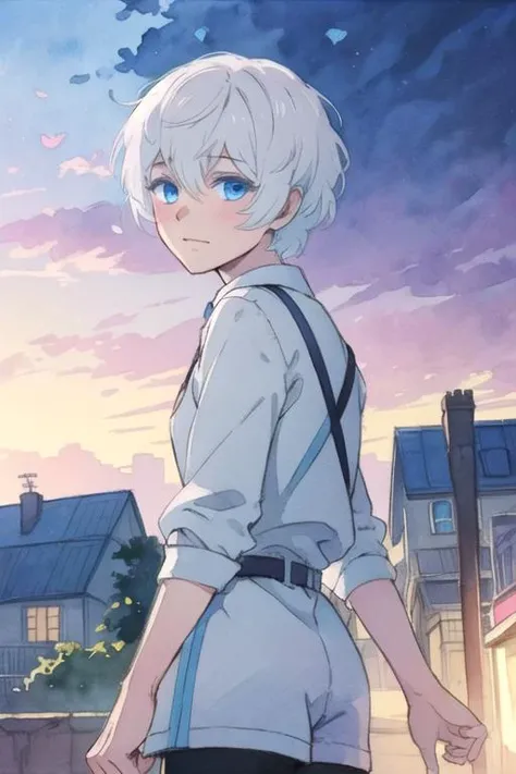 masterpiece, best quality, sketch, 1boy, solo, male focus, looking at viewer, , depth of field, (watercolor illustration, soft pastel colors:1.1), realistic, <lora:mikhail_vanitas_no_karte:0.70>, mikhail_vanitas_no_karte, white hair, blue eyes, romper, , town,