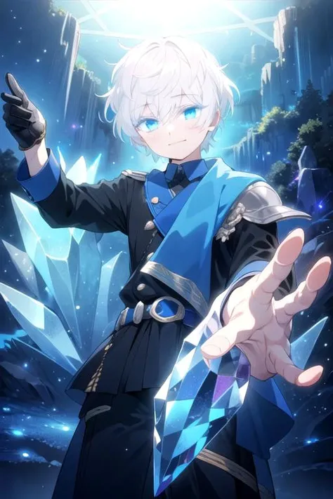 masterpiece, best quality, , 1boy, solo, male focus, looking at viewer, , , , , <lora:mikhail_vanitas_no_karte:0.72>, mikhail_vanitas_no_karte, white hair, blue eyes, , , The Crystal Cave: A fantastical place where gemstones and crystals grow in abundance,