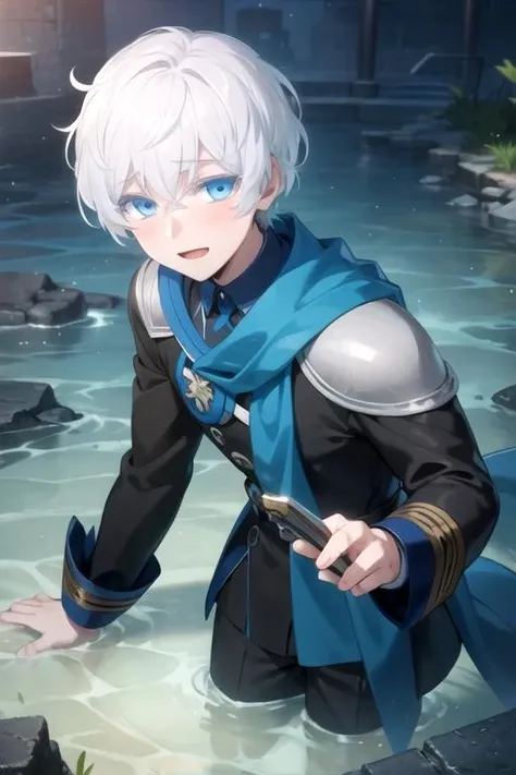 masterpiece, best quality, game cg, 1boy, solo, male focus, looking at viewer, , , anime coloring, , <lora:mikhail_vanitas_no_karte:0.68>, mikhail_vanitas_no_karte, white hair, blue eyes, , Atlantis: A lost city of great wisdom and power, now drowned beneath the sea,
