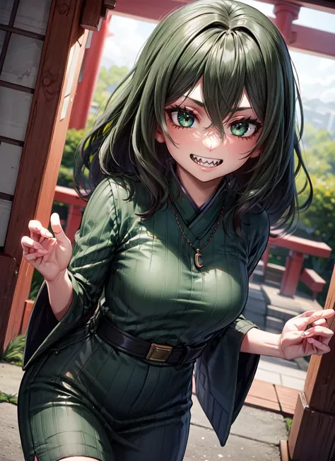 ((best quality)), ((highly detailed)), masterpiece, , <lora:more_details:.3>, (1girl), (solo), top view, dynamic pose, upper body, <lora:hairdetailer:.5>, <lora:SetsunaTokage:.5>, Setsuna Tokage, long hair, wavy hair, ((dark green hair)), bangs, hair between eyes, ((dark green eyes)), <lora:Better Sharp Teeth 3:.95>, sharp teeth, smiling, sweater dress, belt, necklace, boots, (outdoors, in a Japanese temple, torii, stone lanterns, morning, sunrise, cloudy)