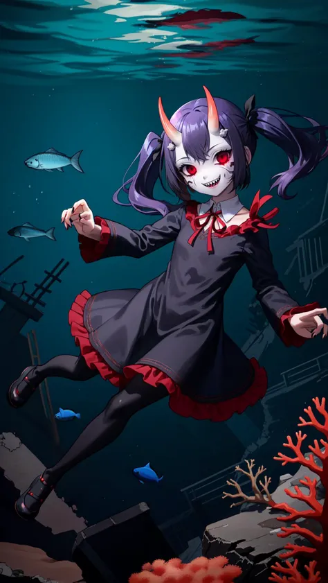 (masterpiece, best quality:1.2), centered, swimming in the ocean, dark, (sandy ocean floor with rocks and coral:1.2), ((swimming) deep underwater:1.2), (ancient underwater ruins, wooden shipwreck, mast, coral reef, seaweed, school of small fish:1.3),
(floating:1.2), from slightly above, full body, (undead:1.2) demon girl, (:1.2), (oni horns:1.2), (red ribbon horn ornament), maniacal pose, (claw pose), (red) hair ribbon, smirk, grin, sharp teeth, head tilt, delicate cute beautiful (red) and dark purple modest (collared dress), black pantyhose, mary janes, (red eyes, crazy eyes), (dark purple hair, short twintails, bangs:1.2), black eyeshadow, black eyeliner, looking_at_viewer,
<lora:å
å½±:0.25> <lora:to8contrast-1-5:0.25> <lora:onihors:0.65>