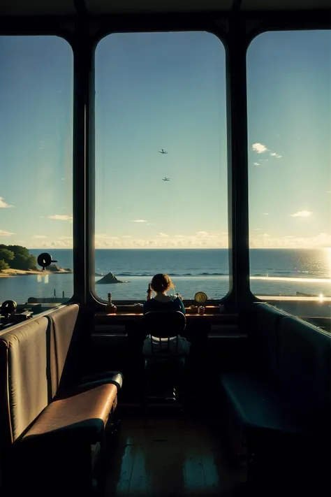 a person sitting on a train looking out a window , 1girl, solo, long hair, brown hair, black hair, long sleeves, holding, sitting, sky, day, pants, cloud, black footwear, blue sky, window, ocean, phone, scenery, reflection, horizon, wide shot, train interior