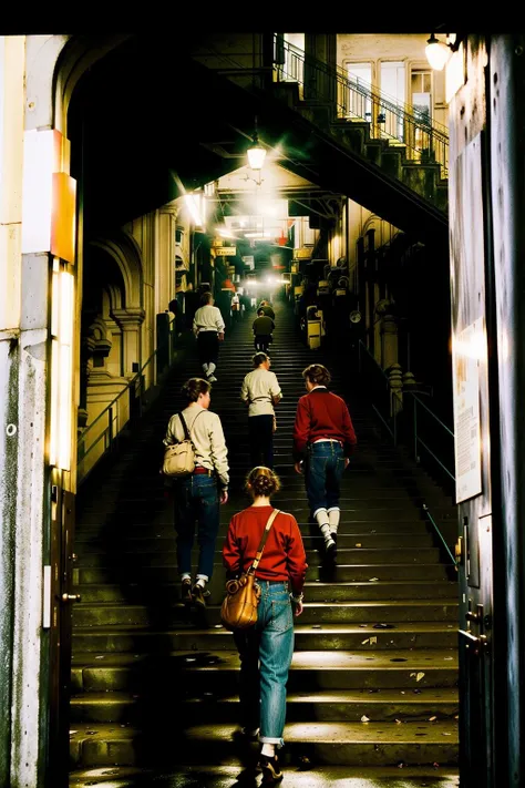a group of people walking up a flight of stairs