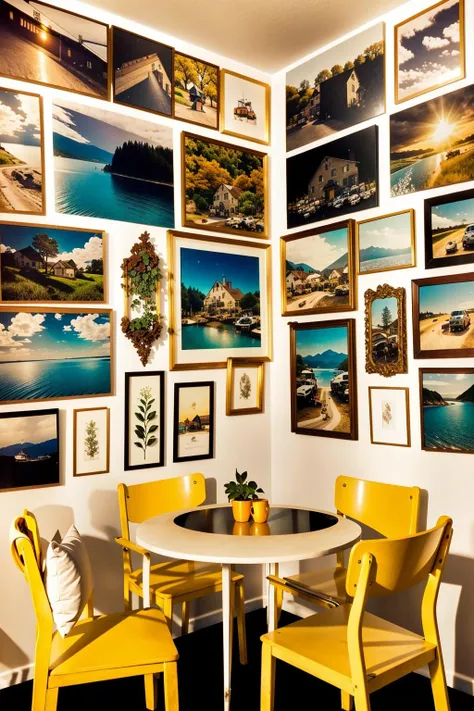 a room with a table and chairs and a wall of pictures
