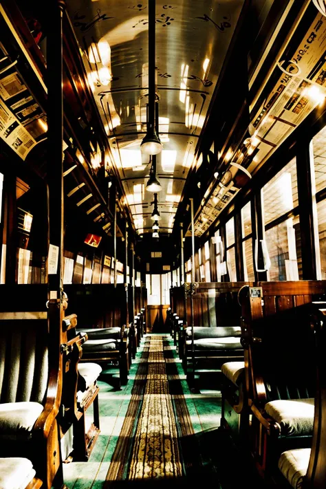 a train car with a lot of seats and a ceiling