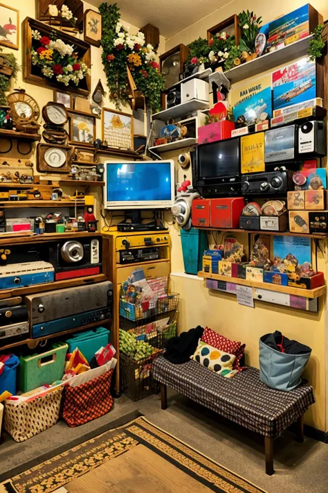 a room with a bunch of different items on the wall