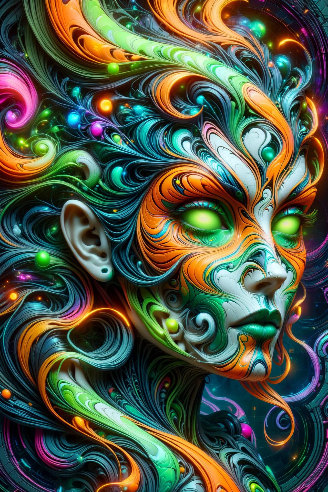 the head of a mad-marbled-paper cyberpunk woman, DonMW15pXL, neon_green, neon_orange, floating arcane astral translucent swirls <lora:DonMW15pXL:0.7> <lora:Colorful_Marbled_Paper_SDXL:1>, <lora:EnvyBetterHiresFixXL01:1>, (masterpiece:1.2), best quality, (hyperdetailed, highest detailed:1.2), high resolution textures