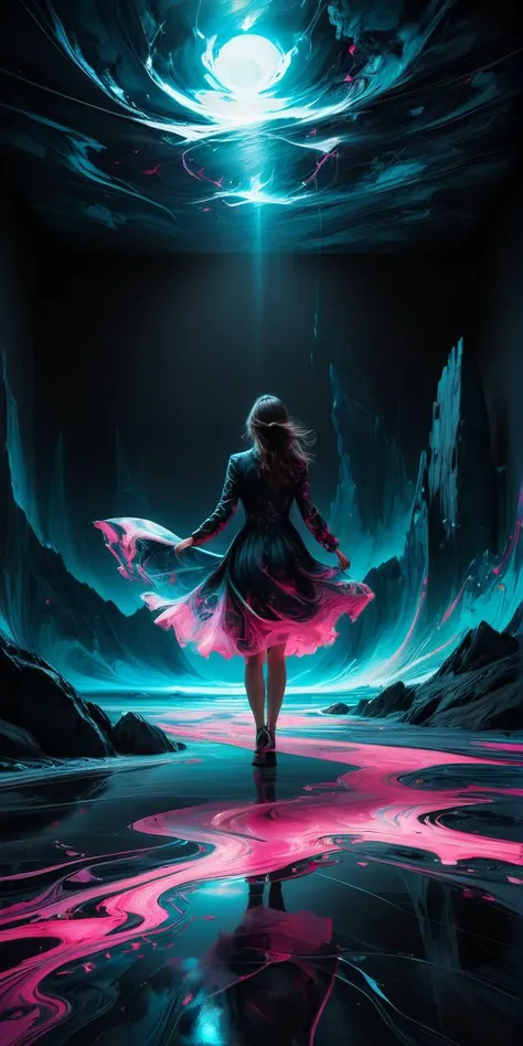 Detailed complex chaotic seascape black and pink light inside a transparent marble floor ward reach horizon, woman walking to beyond from behind, UV-reactive, black light art concept by Waterhouse, Carne Griffiths, Minjae Lee, Ana Paula Hoppe, Stylized florescent art, Intricate, Complex contrast, HDR,<lora:sdxl_glass:1>, <lora:Painted World:0.4>,<lora:Colorful_Marbled_Paper_SDXL:1>,OverallDetail,earth,stormy landscape on a dark room