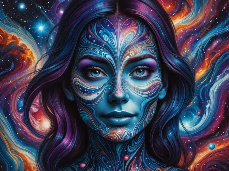 A highly detailed portrait of a smiling woman with galaxy patterns glowing on their mad-marbled-paper skin in blues, purples, and whites. The galaxy patterns are intricate and animated, resembling a universe contained within the skin. The face is realistic, with detailed features and freckles. The background is dark and atmospheric, with a sense of mystery and wonder. The overall style is a blend of surrealism and realism, with a hint of fantasy. The image has a captivating and thought-provoking quality, inviting the viewer to explore the depths of the subject's identity and inner world. This piece is inspired by contemporary digital art movements and showcases the fusion of human and cosmic elements. <lora:Colorful_Marbled_Paper_SDXL:1>