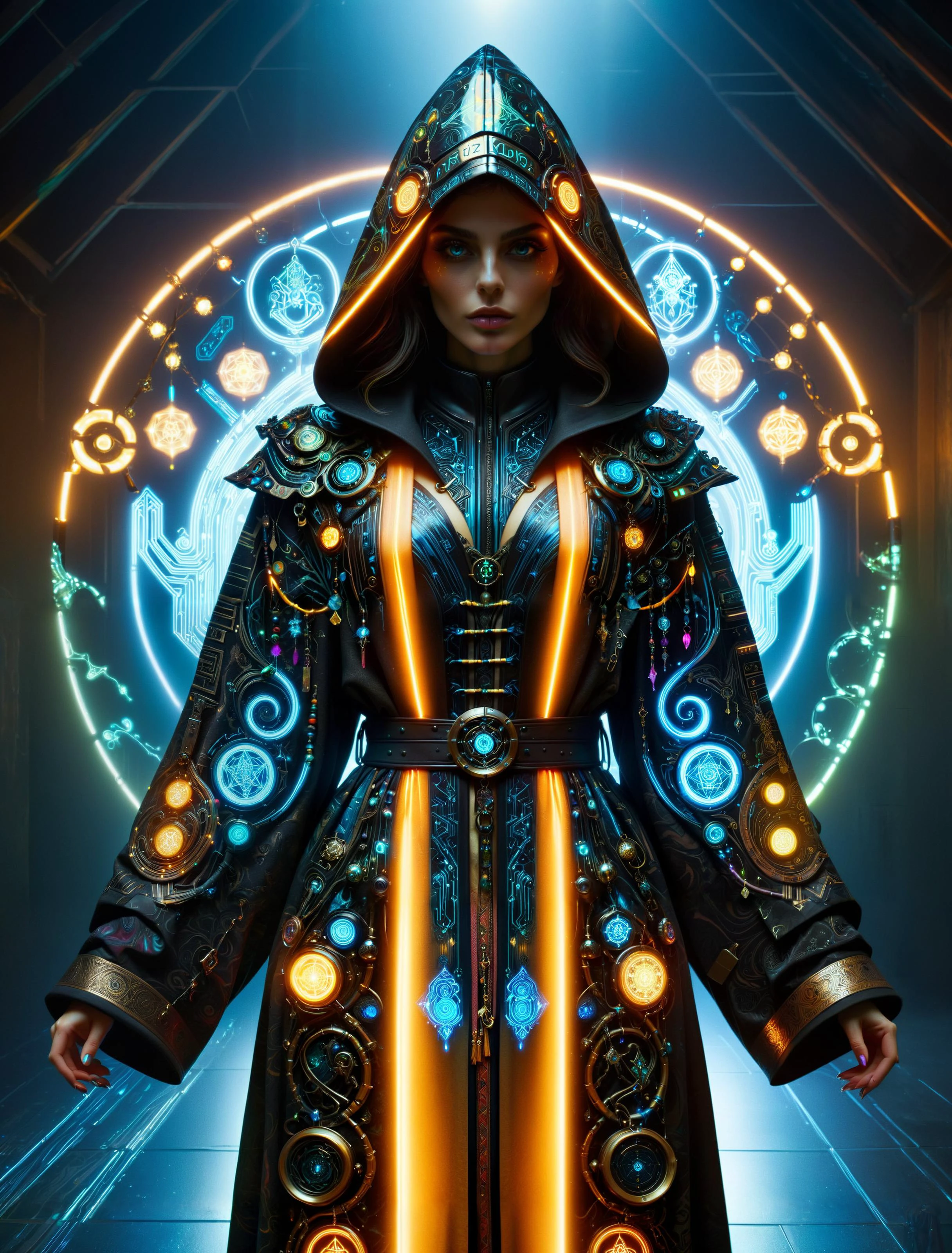 woman, cyberpunk, hermeticwizard, mad-marbled-paper hooded robe with glowing ornaments, bag with magic items, hologram, neon light, dark ritual room, magic circle, dynamic pose, dust, light rays <lora:Cyberpunk_Techno-Mages_SDXL:0.8> <lora:Colorful_Marbled_Paper_SDXL:0.5>