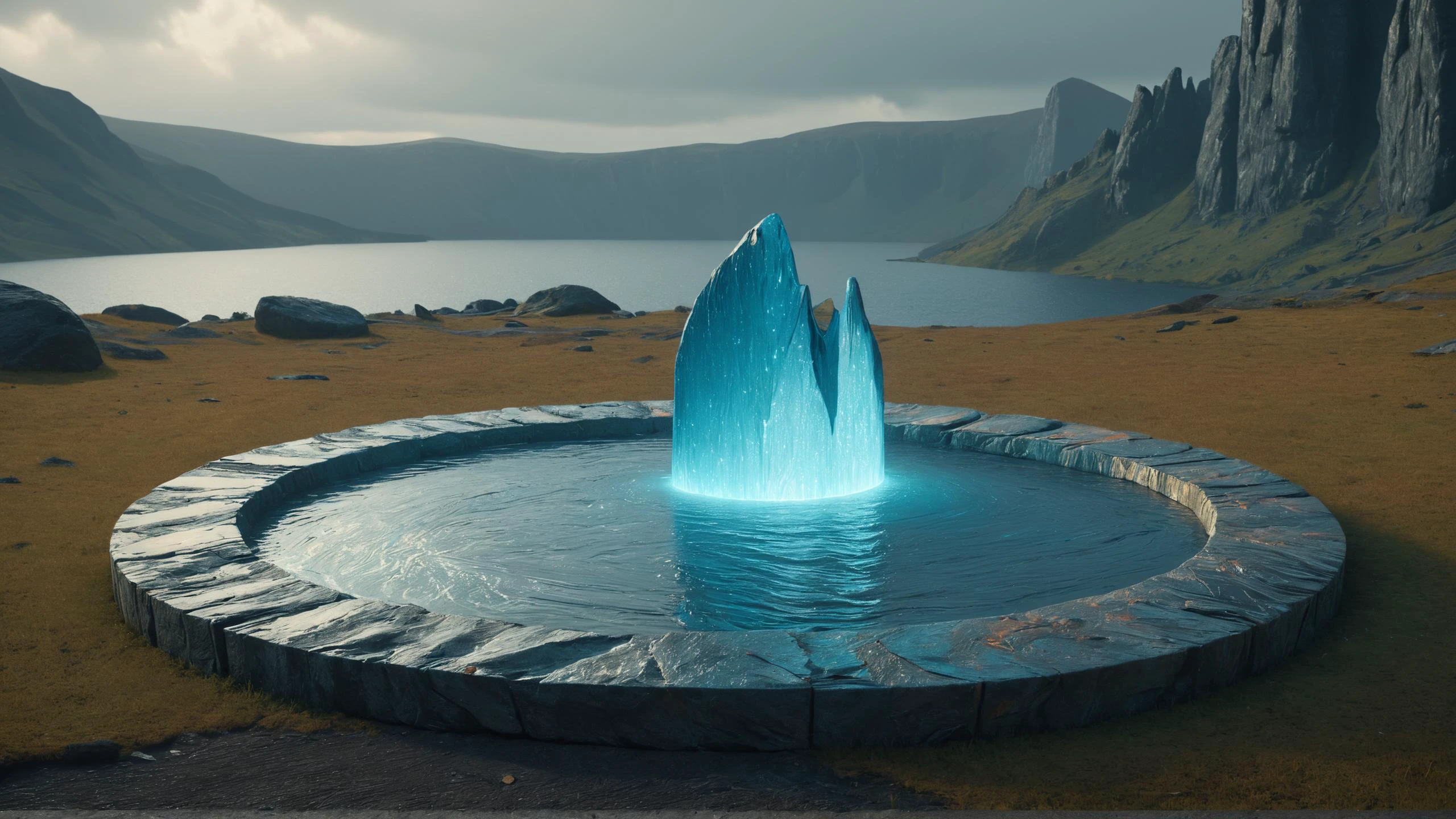 photorealistic detailed digital illustration of a circle of mad-marbled-paper standing stones, Crater lakes shimmering with liquid silver in the background, great lighting, bioluminescent, glowing fountain, monument, dramatic lighting, digital art, octane render, trending on artstation, arnold render <lora:Colorful_Marbled_Paper_SDXL:0.8> <lora:great_lighting:0.8> <lora:Bio-Luminescence:0.8>