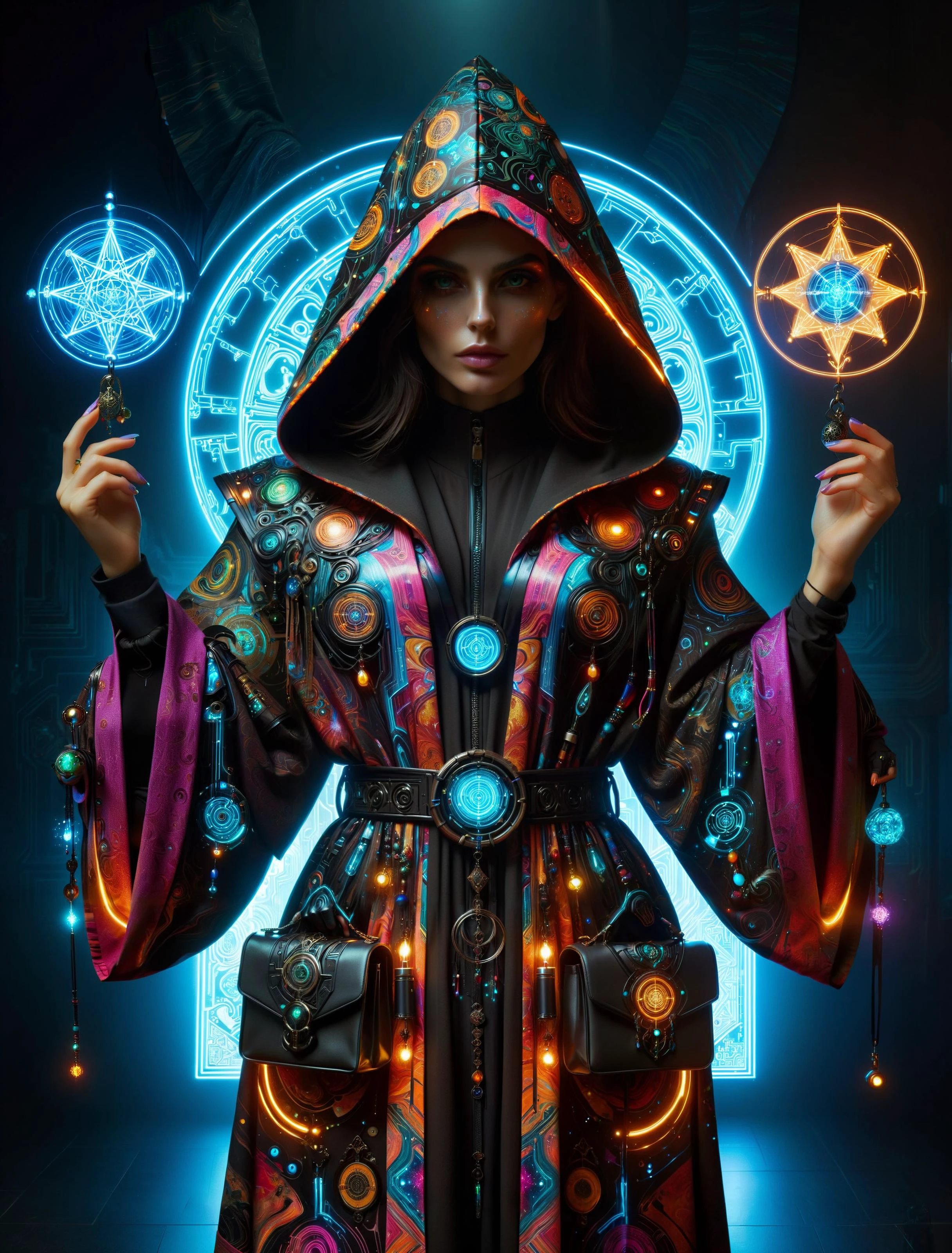 woman, cyberpunk, hermeticwizard, mad-marbled-paper hooded robe with glowing ornaments, bag with magic items, hologram, neon light, dark ritual room, magic circle, dynamic pose, dust, light rays <lora:Cyberpunk_Techno-Mages_SDXL:0.8> <lora:Colorful_Marbled_Paper_SDXL:0.5>