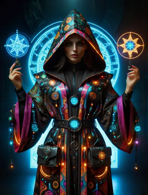 woman, cyberpunk, hermeticwizard, mad-marbled-paper hooded robe with glowing ornaments, bag with magic items, hologram, neon light, dark ritual room, magic circle, dynamic pose, dust, light rays <lora:Cyberpunk_Techno-Mages_SDXL:0.8> <lora:Colorful_Marbled_Paper_SDXL:0.5>