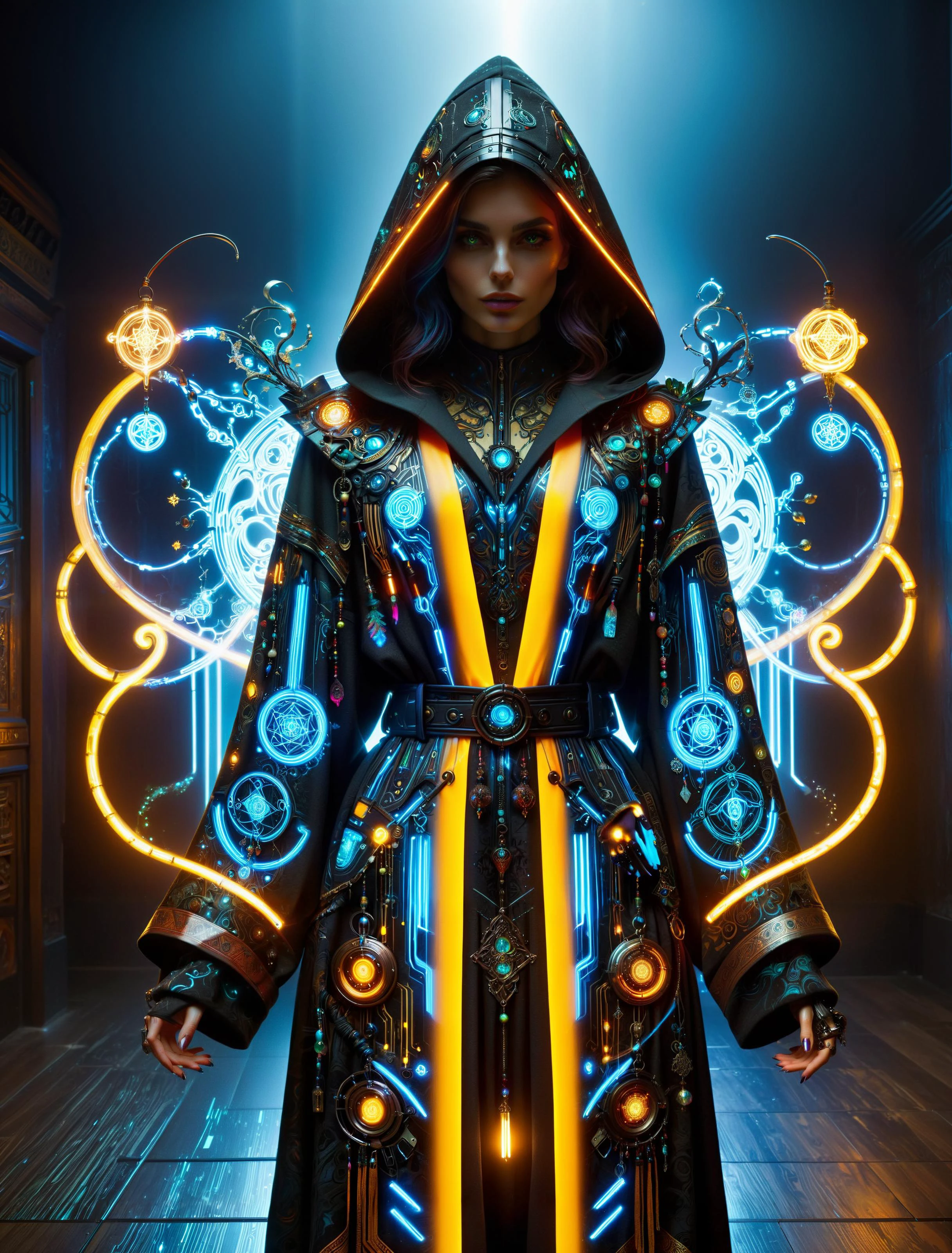 woman, cyberpunk, hermeticwizard, mad-marbled-paper hooded robe with glowing ornaments, bag with magic items, hologram, neon light, dark ritual room, magic circle, dynamic pose, dust, light rays <lora:Cyberpunk_Techno-Mages_SDXL:0.8> <lora:Colorful_Marbled_Paper_SDXL:0.5>