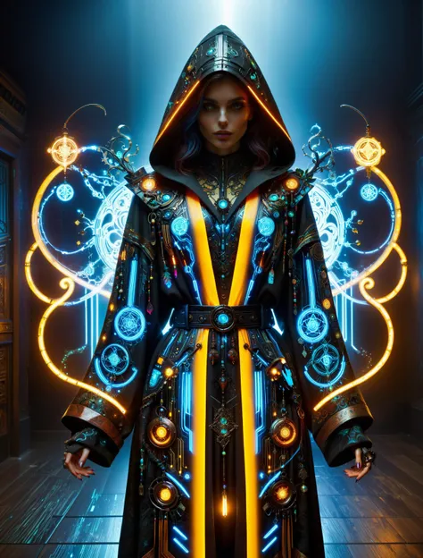 woman, cyberpunk, hermeticwizard, mad-marbled-paper hooded robe with glowing ornaments, bag with magic items, hologram, neon light, dark ritual room, magic circle, dynamic pose, dust, light rays <lora:Cyberpunk_Techno-Mages_SDXL:0.8> <lora:Colorful_Marbled_Paper_SDXL:0.5>