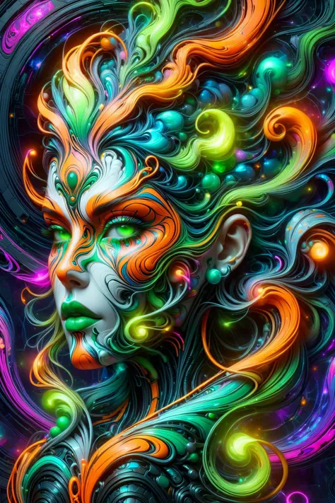 the head of a mad-marbled-paper cyberpunk woman, DonMW15pXL, neon_green, neon_orange, floating arcane astral translucent swirls <lora:DonMW15pXL:0.7> <lora:Colorful_Marbled_Paper_SDXL:1>, <lora:EnvyBetterHiresFixXL01:1>, (masterpiece:1.2), best quality, (hyperdetailed, highest detailed:1.2), high resolution textures
