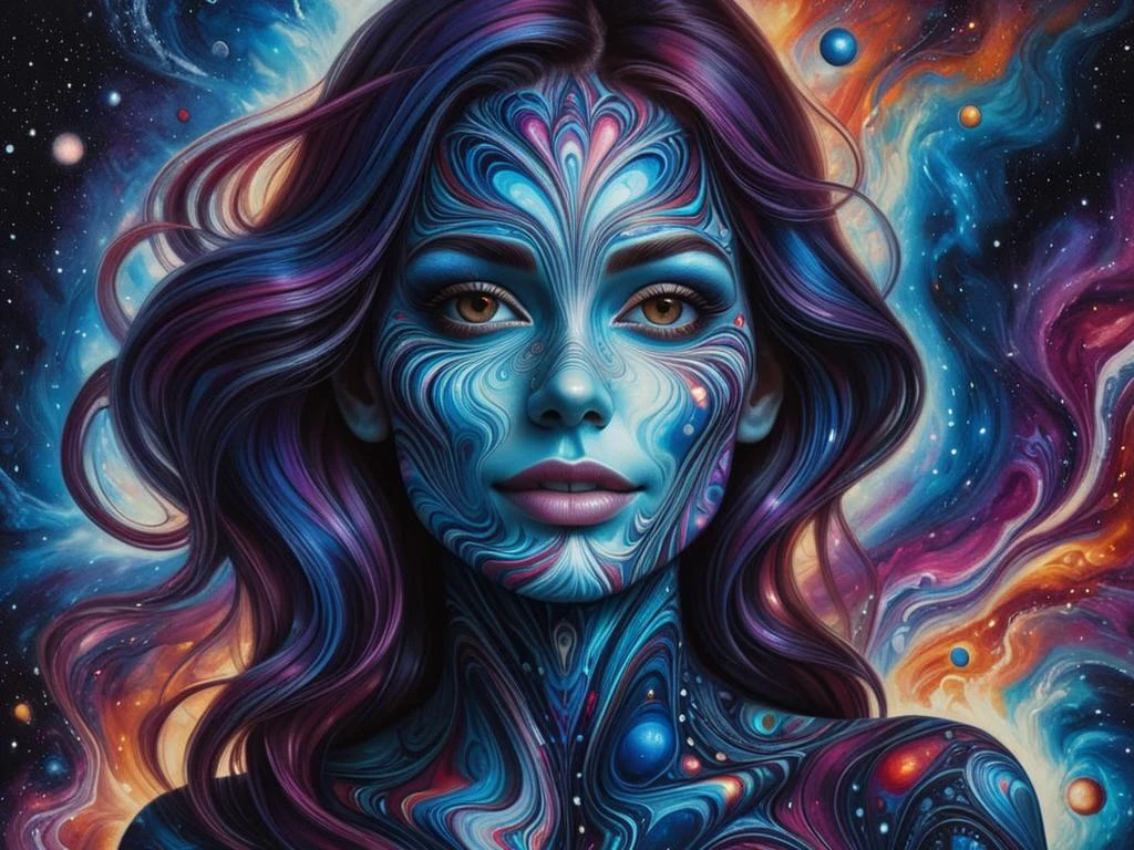 A highly detailed portrait of a smiling woman with galaxy patterns glowing on their mad-marbled-paper skin in blues, purples, and whites. The galaxy patterns are intricate and animated, resembling a universe contained within the skin. The face is realistic, with detailed features and freckles. The background is dark and atmospheric, with a sense of mystery and wonder. The overall style is a blend of surrealism and realism, with a hint of fantasy. The image has a captivating and thought-provoking quality, inviting the viewer to explore the depths of the subject's identity and inner world. This piece is inspired by contemporary digital art movements and showcases the fusion of human and cosmic elements. <lora:Colorful_Marbled_Paper_SDXL:1>