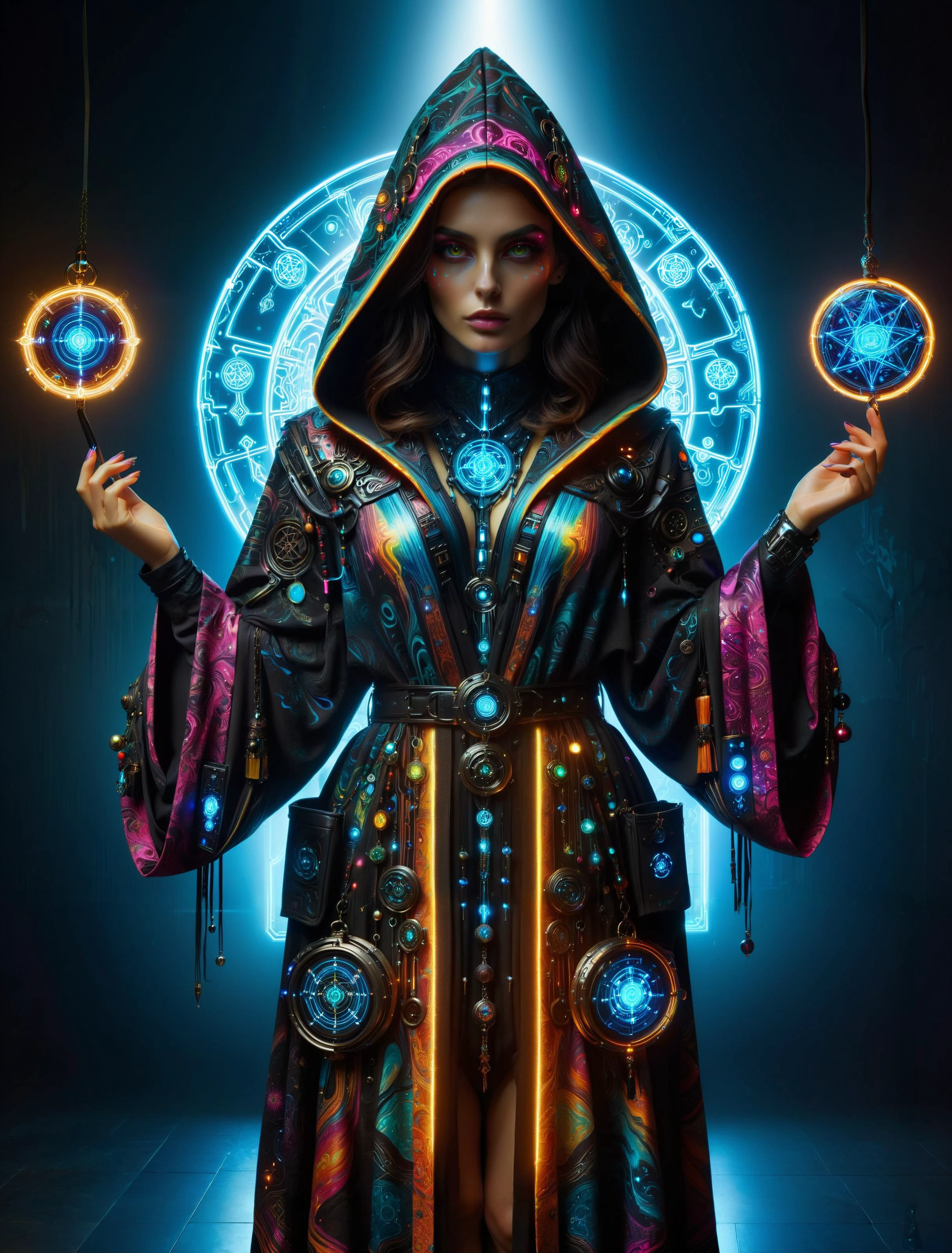 woman, cyberpunk, hermeticwizard, mad-marbled-paper hooded robe with glowing ornaments, bag with magic items, hologram, neon light, dark ritual room, magic circle, dynamic pose, dust, light rays <lora:Cyberpunk_Techno-Mages_SDXL:0.8> <lora:Colorful_Marbled_Paper_SDXL:0.5>