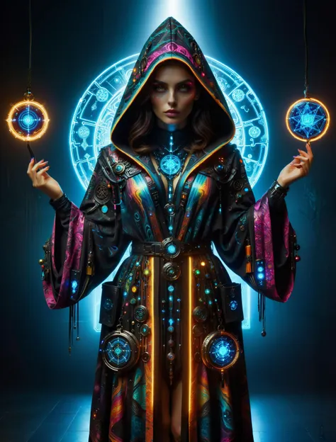 woman, cyberpunk, hermeticwizard, mad-marbled-paper hooded robe with glowing ornaments,  bag with magic items,  hologram, neon light, dark ritual room, magic circle, dynamic pose, dust, light rays <lora:Cyberpunk_Techno-Mages_SDXL:0.8> <lora:Colorful_Marbled_Paper_SDXL:0.5>