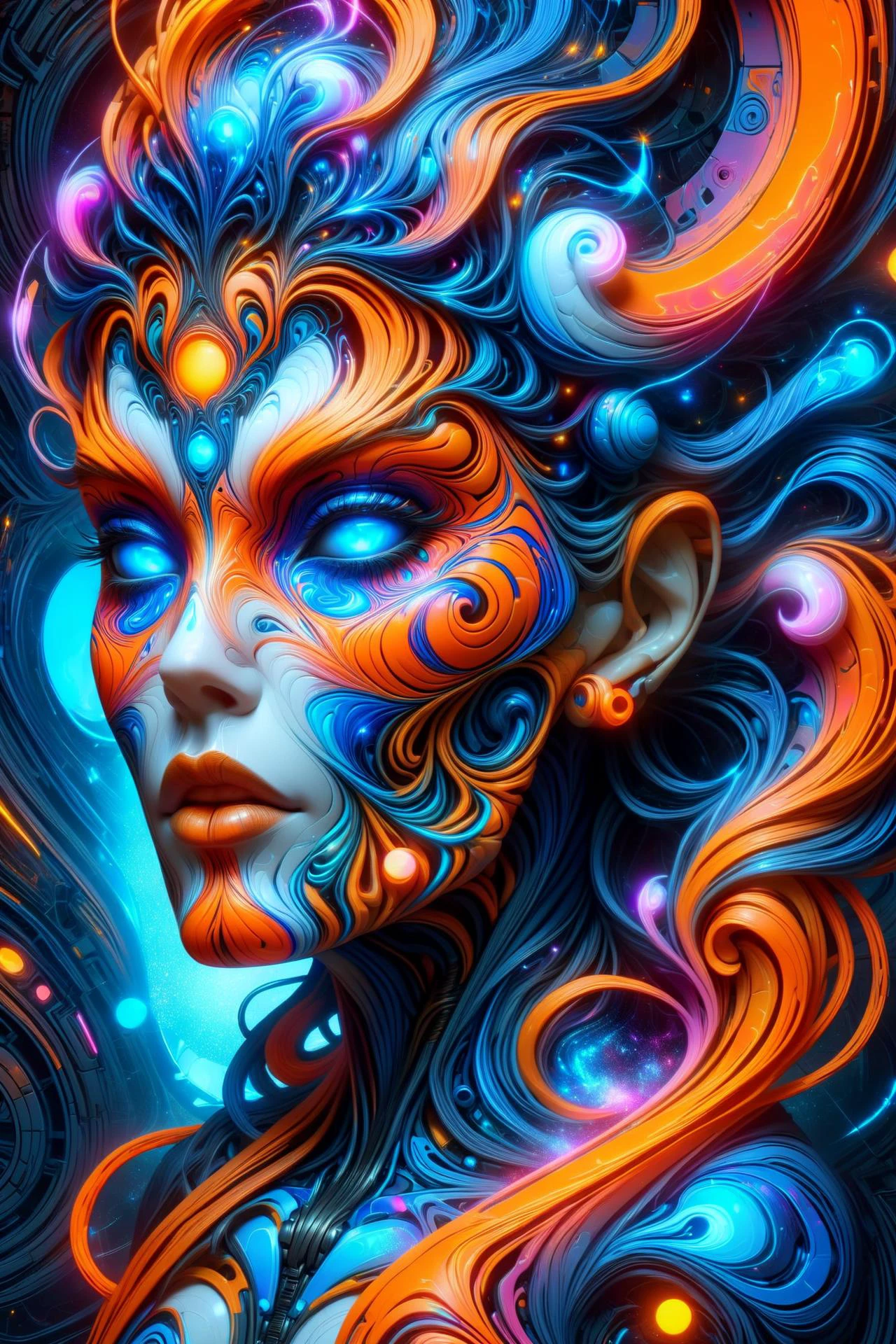 the head of a mad-marbled-paper cyberpunk woman, DonMW15pXL, neon_blue, neon_orange, floating arcane astral translucent swirls <lora:DonMW15pXL:0.7> <lora:Colorful_Marbled_Paper_SDXL:1>, <lora:EnvyBetterHiresFixXL01:1>, (masterpiece:1.2), best quality, (hyperdetailed, highest detailed:1.2), high resolution textures