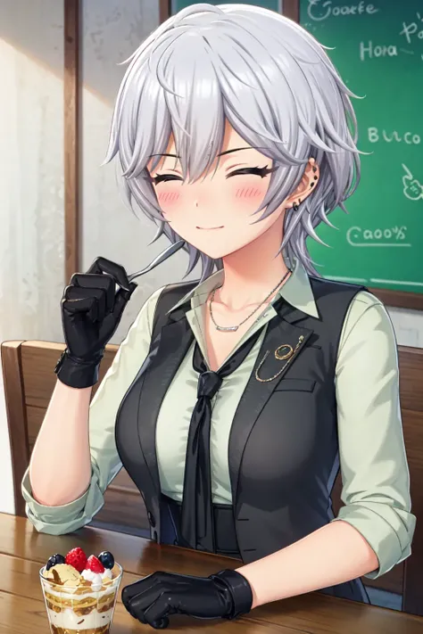 (masterpiece:1.2),best quality,high resolution,unity 8k wallpaper,(illustration),extremely detailed face,perfect lighting,extremely detailed CG,
1girl,<lora:sara_20240325:0.7>,s@ra,grey hair,short hair,ear piercing,gloves,collared shirt,necktie,necklace,sleeves rolled up,vest,pants,open clothes,high heels,
BREAK
indoors,closed eyes,smile,night,table,upper body,sitting,blush,cafe,eating,(parfait:1.4),food on face,food on face,spoon
