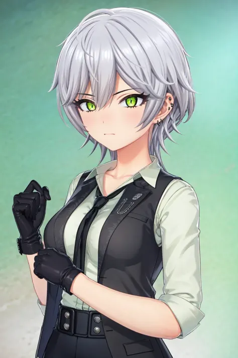 (masterpiece:1.2),best quality,high resolution,unity 8k wallpaper,(illustration),extremely detailed face,perfect lighting,extremely detailed CG,
1girl,<lora:sara_20240325:0.7>,s@ra,green eyes,grey hair,short hair,ear piercing,gloves,collared shirt,necktie,necklace,sleeves rolled up,vest,pants,open clothes,high heels,looking at viewer,portrait,upper body