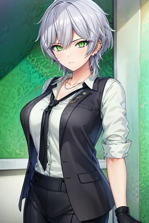 (masterpiece:1.2),best quality,high resolution,unity 8k wallpaper,(illustration),extremely detailed eyes,perfect lighting,extremely detailed CG,
1girl,<lora:sarah_20240405_4:0.7>,s@rah,green eyes,grey hair,short hair,ear piercing,gloves,collared shirt,necktie,necklace,sleeves rolled up,vest,pants,open clothes,high heels,looking at viewer,portrait,upper body