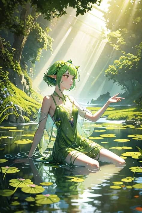 a naiad at her spring. daydreaming. wearing a dress made of pondweed. water distorting light, refracting sunbeams, volumetric light.