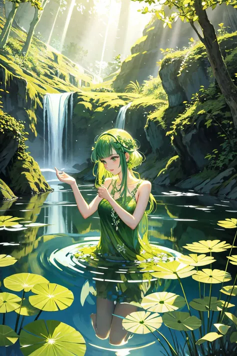 a naiad at her spring. daydreaming. wearing a dress made of pondweed. water distorting light, refracting sunbeams, volumetric light.