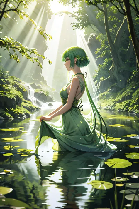 a naiad at her spring. daydreaming. wearing a dress made of pondweed. water distorting light, refracting sunbeams, volumetric light.