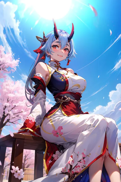 masterpiece,best quality,1girl,solo,tomoe gozen \(fate\),HSTO,TravelClothing,smile,sitting,(arms behind back),looking at viewer,blue sky,cherry blossoms,from below,<lora:FGOTomoeV1:0.7>,