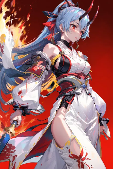 masterpiece,best quality,1girl,tomoe gozen \(fate\),DefaultArcher,FirstOutfit,standing,looking to the side,serious,(flames),red background,<lora:FGOTomoeV1:0.8>,