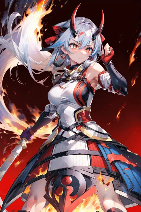 masterpiece,best quality,1girl,tomoe gozen \(fate\),A2nd,TomoeArmor,standing,serious,constricted pupils,fighting stance,(flames),red background,front view,<lora:FGOTomoeV1:0.7>,