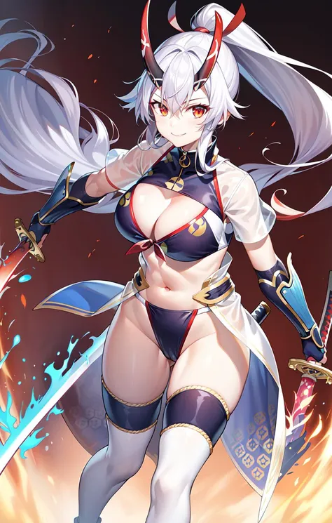 S3rd, 3rdSwimwear, 1girl, weapon, sword, solo, katana, holding, flaming weapon, flaming sword, smile, dual wielding, looking at viewer, fire, blue fire, holding sword, holding weapon
<lora:FGOTomoeV1:0.8>