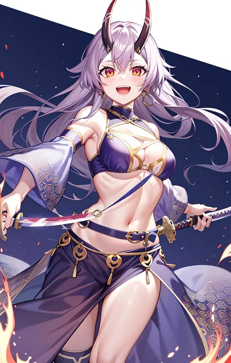 AscensionS2, SecDressing, 1girl, weapon, open mouth, sword, fire, holding, looking at viewer, solo, holding weapon, thighs, holding sword, blue fire, flaming sword, flaming weapon, smile, katana
<lora:FGOTomoeV1:0.8>