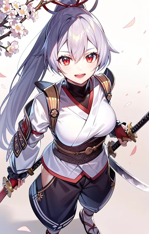 DefaultArcher, FirstOutfit, 1girl, weapon, solo, sword, katana, looking at viewer, open mouth, holding, from above, cherry blossoms, sheath, petals, holding weapon, holding sword, smile, standing
<lora:FGOTomoeV1:0.8>