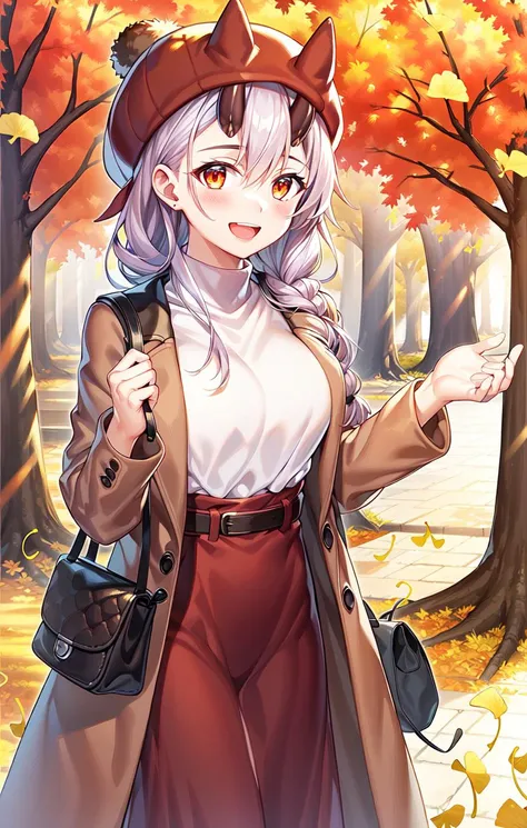 Casual, AutumnClothing, 1girl, solo, bag, outdoors, open mouth, ginkgo leaf, autumn, holding, looking at viewer, blush, smile, handbag, tree, food, standing, :d, day, holding bag, oni
<lora:FGOTomoeV1:0.8>