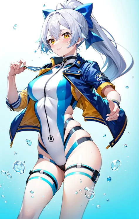 SwimsuitSaber, TomoeSaber, 1girl, solo, standing, jacket,
<lora:FGOTomoeV1:0.8>