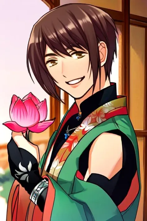 (masterpiece),(best_quality),holding lotus,1boy,Kannon,shoulder cutout,green kimono,green sleeves,gloves,bracelet,detached sleeves,jewelry,floral print,looking at the viewer,smile,<lora:Kannon:1>,